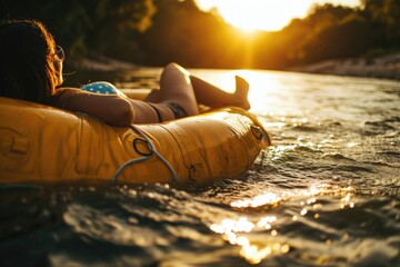 Woman laying on an inflatable raft in the water. Perfect for summer and vacation concepts - obrazy, fototapety, plakaty