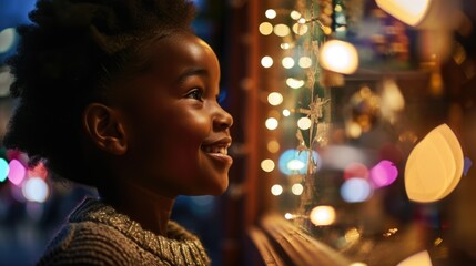 A young girl gazes out a window, captivated by the shimmering Christmas lights. This image can be used to evoke the joy and wonder of the holiday season