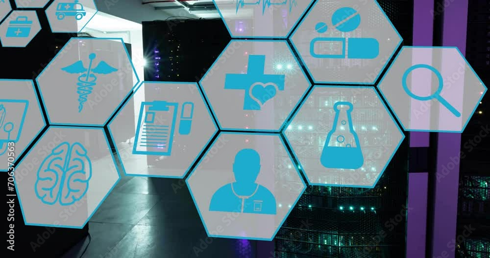 Poster Animation of network of medical icons and data processing over computer servers