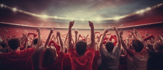 football Fans in red shirt show hands celebration on big stadium during football game - obrazy, fototapety, plakaty