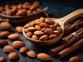 almonds in a wooden spoon and cinnamon sticks. Generative AI