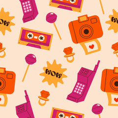 Flat vector illustration of seamless pattern in retro 90s and 80s style.