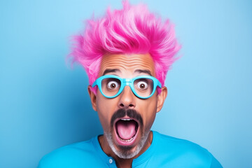 Pink hair. Young shocked guy wearing casual clothes and glasses celebrating shocked of surprised open eyes wide. What just happened. Portrait of a shocked young man wears glasses on colour background. - obrazy, fototapety, plakaty
