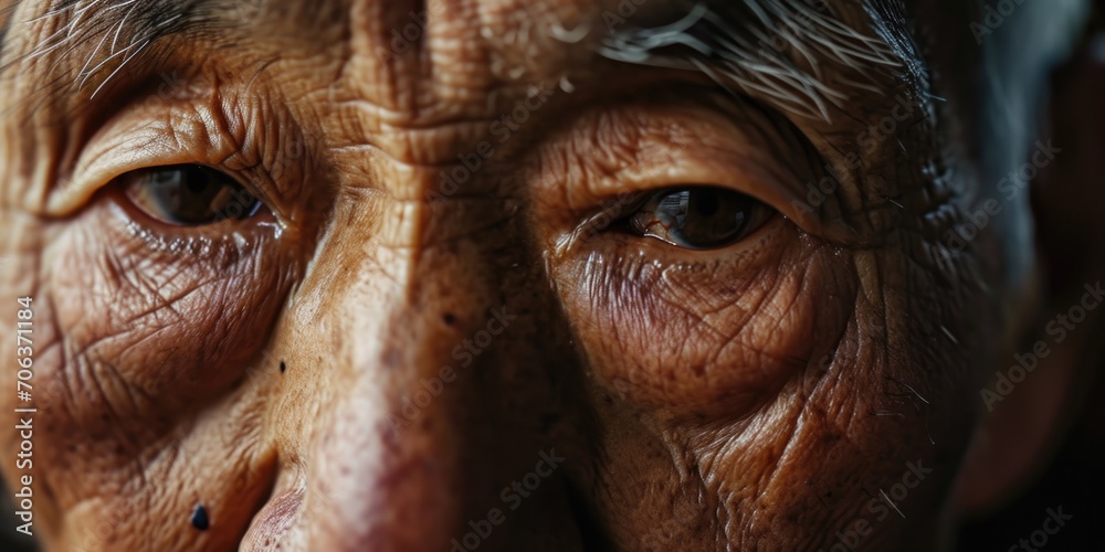 Wall mural close-up view of a person's face with prominent wrinkles. perfect for illustrating aging, skincare, 