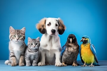 Cats, Dog and Birds Together on Blue Background