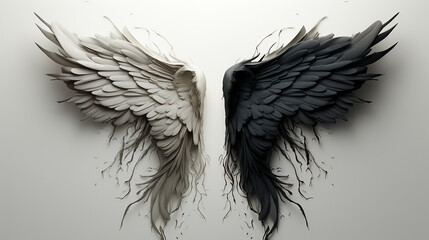 Two figures of angels opposite each other, white and black. Confrontation between good and evil - obrazy, fototapety, plakaty