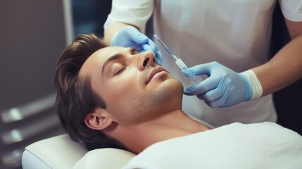 Close-up of a handsome man lying on a couch while a cosmetologist prepares to make a rejuvenating filler injection for problem areas of the face in the clinic. Spa treatments, beauty, concepts.