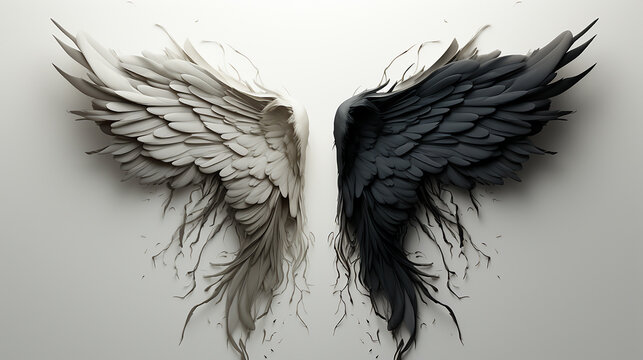 Two figures of angels opposite each other, white and black. Confrontation between good and evil