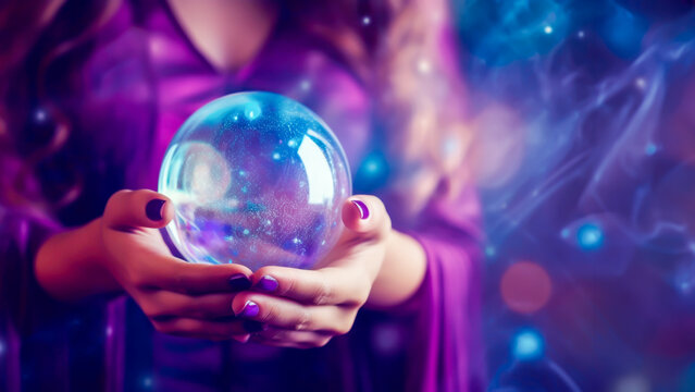 Fortune telling and predicting future. Mystical scene with female hands delicately holding glowing crystal ball on magic purple backdrop with smoke