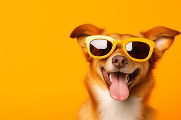 dog with sunglasses. Dog wearing cool glasses on colored background. Funny dog with glasses. yellow banner. Back to school. dog in glasses. Cool nerd style. Creative animal concept. 