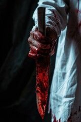 A gruesome image of a bloody hand tightly gripping a knife covered in blood. This shocking image can be used to create a sense of fear, danger, or violence