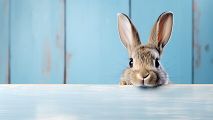 Rabbit peeks out from behind a wooden plank.
