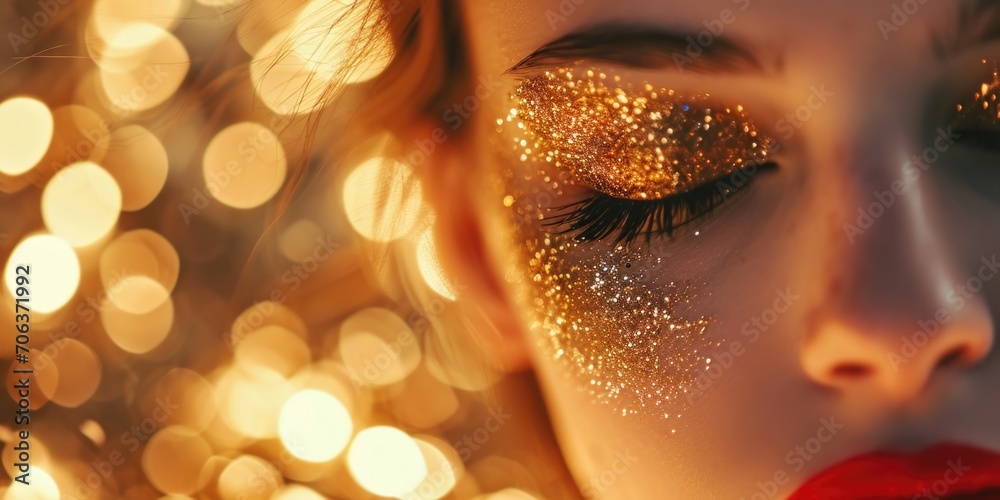 Poster close-up of a woman with glitter on her face. perfect for adding a touch of sparkle and glamour to a