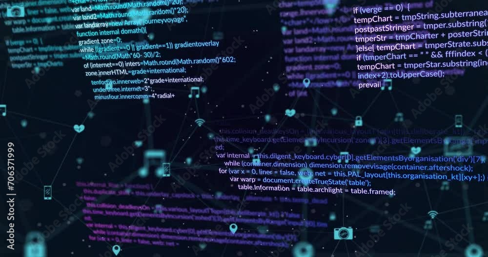 Poster animation of networks of connections, data processing and ai icons
