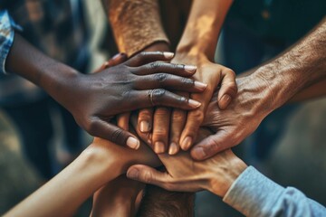 A picture of a group of people joining their hands together in unity. This image can be used to represent teamwork, collaboration, support, friendship, or unity in various contexts - obrazy, fototapety, plakaty