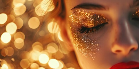 Close-up of a woman with glitter on her face. Perfect for adding a touch of sparkle and glamour to any project