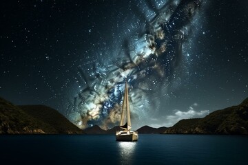 A yacht sailing under the starry night sky. Generative AI - obrazy, fototapety, plakaty