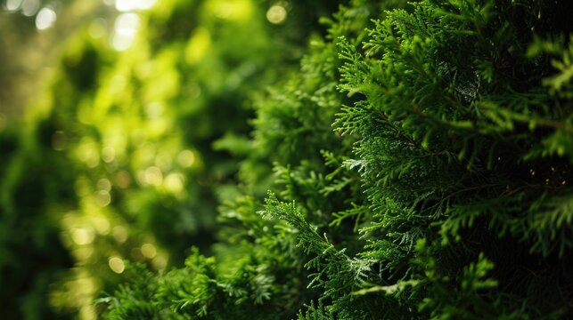 A close-up view of a green plant with trees in the background. This image can be used to depict nature, environment, or gardening themes