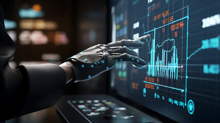 Hand ai robot touching diagrams stock market display on board with artificial intelligence concept