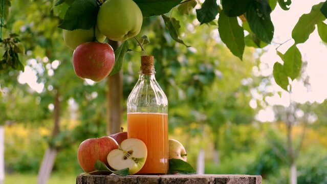 apple cider vinegar on a garden background. Selective focus.
