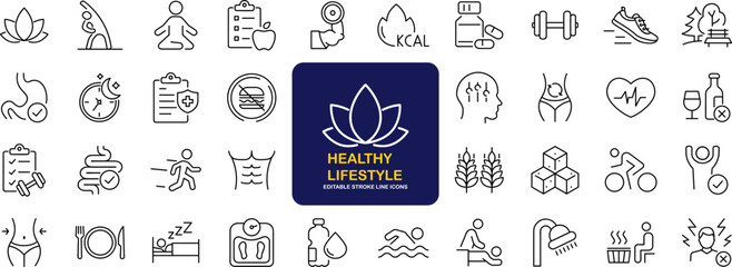 Healthy lifestyle set of web icons in line style. Fitness and sport icons for web and mobile app. Work and rest, physical activity, exercise, gym, sleep, body care and a diet. Editable stroke