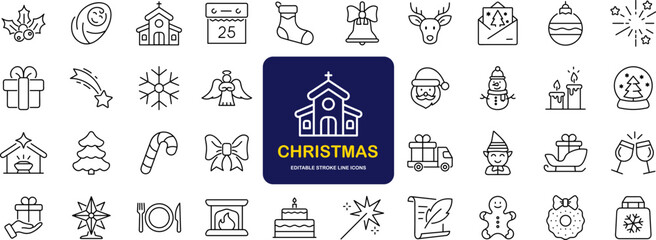 Merry Christmas set of web icons in line style. Xmas icons for web and mobile app. Christ, xmas, santa claus, gift, angel, bell, christmas tree, holiday, fireworks, snow and more. Editable stroke