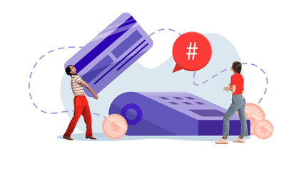 Contemporary art collage. Man dressed casual outfit carrying huge banking card to terminal where she need to enter PIN code to make payment. Concept of business, financial literacy, spending, banking.