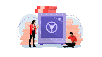 Contemporary art collage. Young employers, couple working near safe deposit to saving money and gain wealth. Concept of business, financial literacy, spending money, earning, banking, salary. Ad