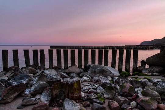 Wooden groynes on the beach of Baltic sea in Svetlogorsk at sunrise. Kaliningrad region. Russia