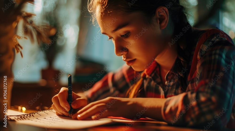 Sticker A woman is seen writing on a piece of paper with a pen. This image can be used for various purposes