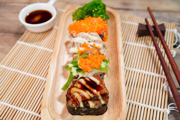 japanese style food sushi Slices and sauce, wasabi