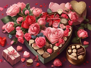 Obraz na płótnie Canvas Heart shaped chocolates with roses together with gifts on Valentine's Day