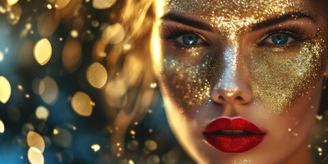 Close up of a woman with glitter on her face. Perfect for makeup tutorials or festival-themed designs - obrazy, fototapety, plakaty