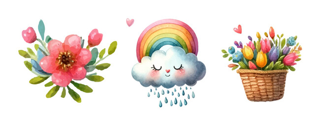 Watercolor collection flowers and spring elements, colorful illustrations, clip art elements, ready to print. Perfect for invitation, card, banner, decoration, patterns, stickers, wallpapers, textile