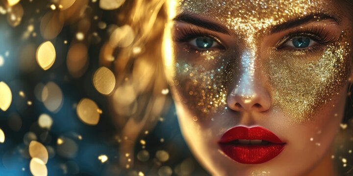 Close up of a woman with glitter on her face. Perfect for makeup tutorials or festival-themed designs