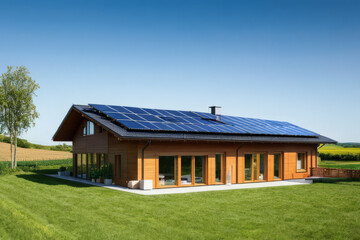 Fototapeta na wymiar Solar panels by countryside house. Saving electrical energy. Alternative sources of electricity.