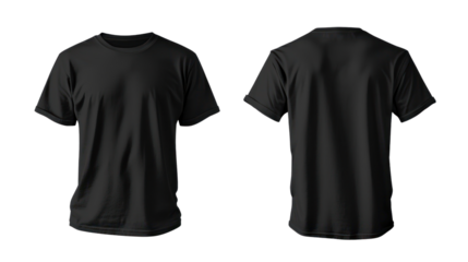 Black t shirt front and back view. Transparent background. PNG