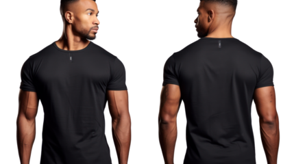 Black t shirt front and back view. Transparent background. PNG