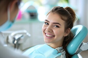 Fototapeta premium A smiling young woman with open mouth in a dental chair
