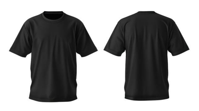 Black t shirt front and back view. Transparent background. PNG