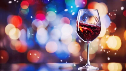 Foto op Plexiglas Red wine swirling in a glass against a festive, colorful bokeh light background. © tashechka