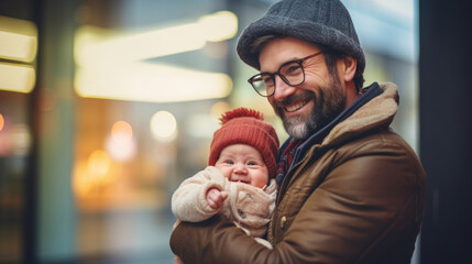 Cheerful bearded father wearing a hat and glasses cuddling a laughing baby in a knitted cap.