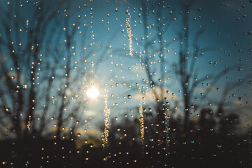 drops of water on the glass. rain outside the window. condensation on the glass. beautiful view...