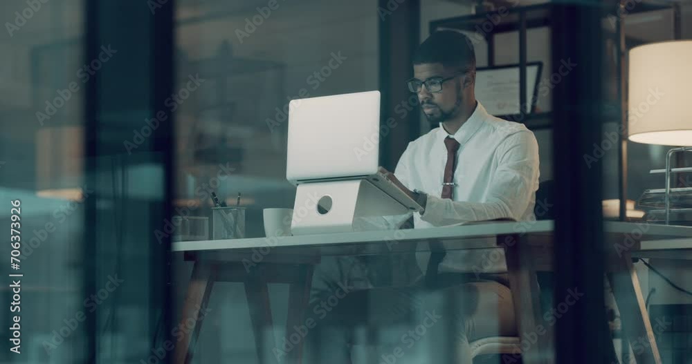 Aufkleber Business man, reading and research on computer for programming, information technology and software analysis. Professional developer or programmer on laptop with glasses for web solution at night