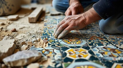An experienced tiler who installs intricate mosaic tiles.Created with Generative Ai technology. - obrazy, fototapety, plakaty