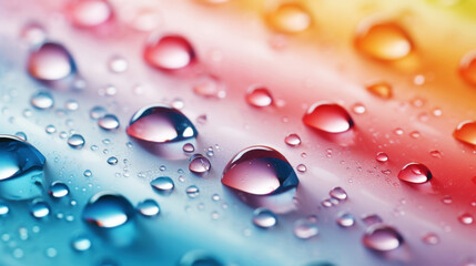 Closeup of water drops sliding on light multi-colored wet surface. Pastel colours background. Generative AI - obrazy, fototapety, plakaty