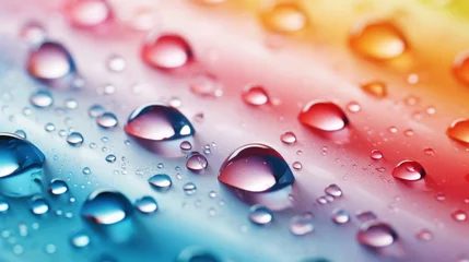 Foto op Aluminium Closeup of water drops sliding on light multi-colored wet surface. Pastel colours background. Generative AI © AngrySun