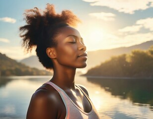 In the soft morning sunlight, a young Black woman finds serenity, whether in relaxation or meditation. Illustrating the power of meditation, stress alleviation, and relaxation as antidotes  - obrazy, fototapety, plakaty