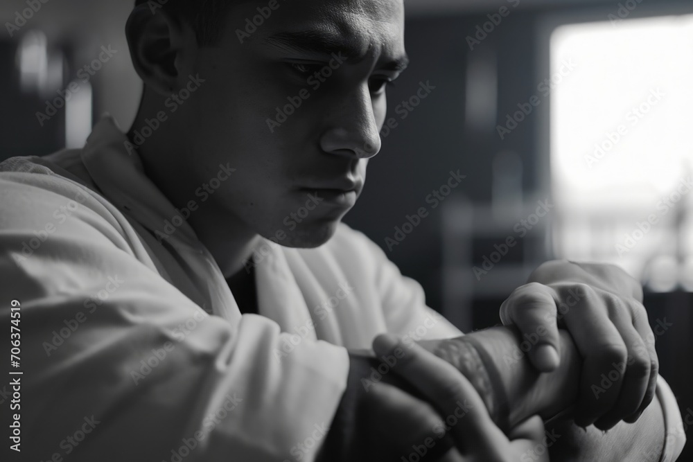Poster a man sitting at a table, focused on checking the time on his watch. suitable for illustrating punct