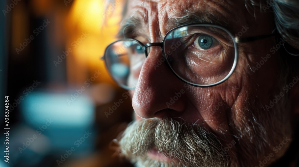 Poster a close-up shot of a man with glasses and a beard. perfect for professional profiles or business web